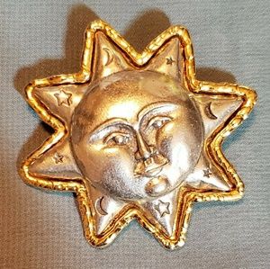 VTG Mixed Metal Sun & Celestial Brooch Signed JJ